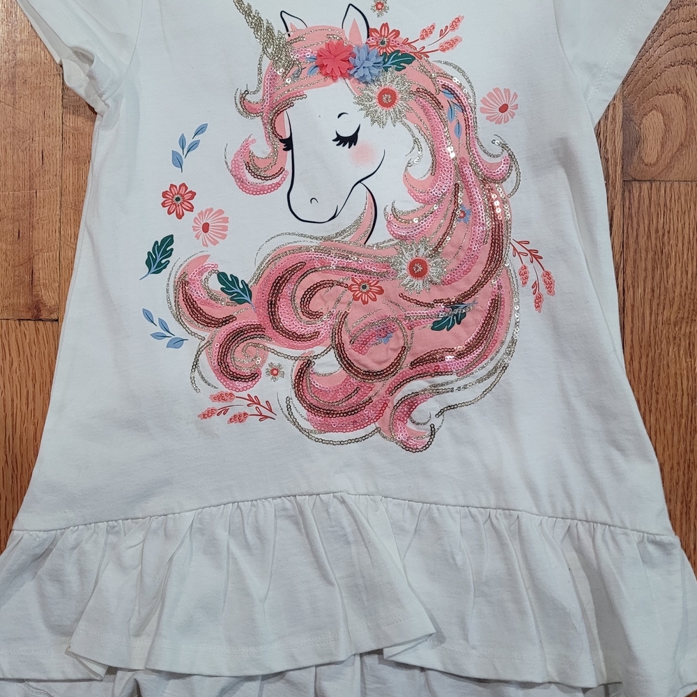 White Unicorn Graphic Ruffle Hem Top - Pink Accent